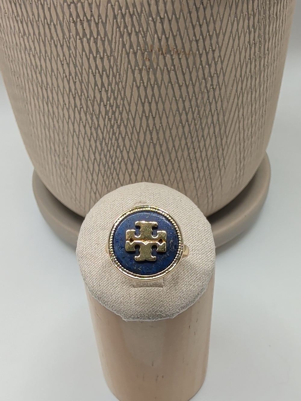 Tory Burch Kira Blue Lapis and Gold Logo Round Ring